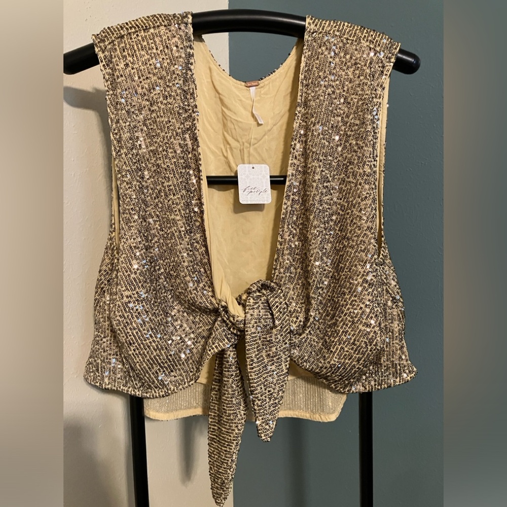 Free People Gold Sparkle Tie Vest